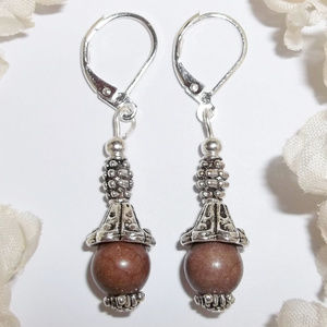 Silver & Brown Faux Jasper Earring Set Beaded NWT Dangle Drop Jewelry Gift 4674